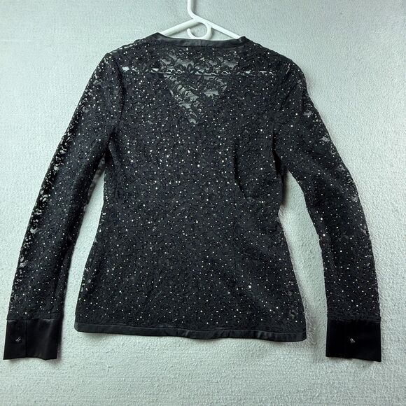 St John Evening Marie Gray Black Lace Beaded Sheer Top Blouse Sz 4 Made in USA - Picture 10 of 11